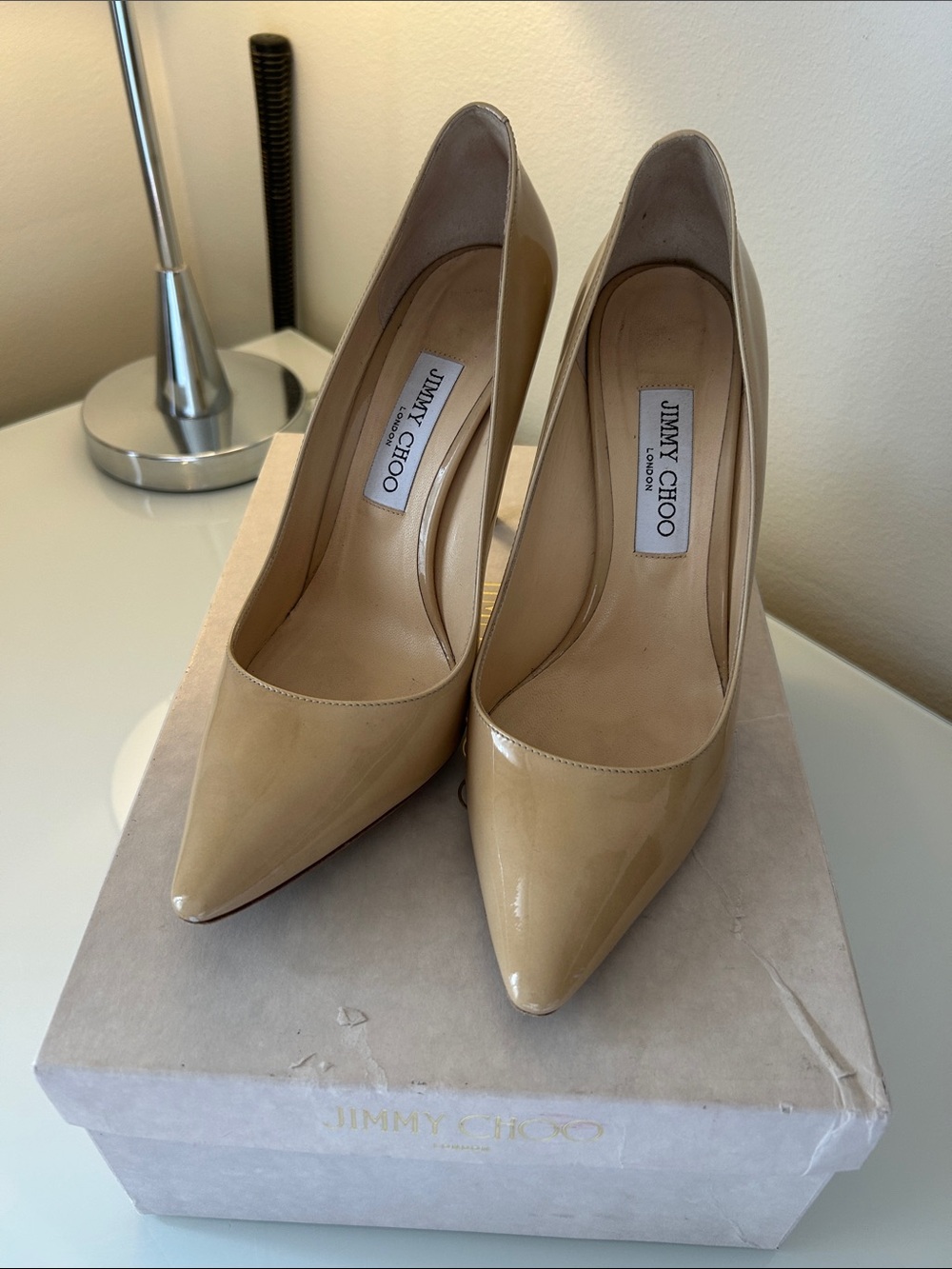 Jimmy Choo Beige Patent Leather Pointed-Toe Pumps